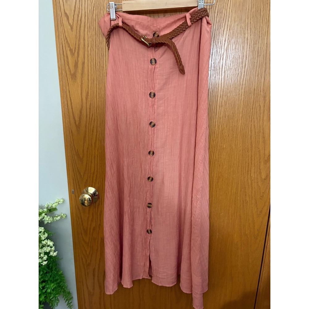 Coral Pink Button Down Maxi Skirt Textured Boho Flowy with Belt XXL